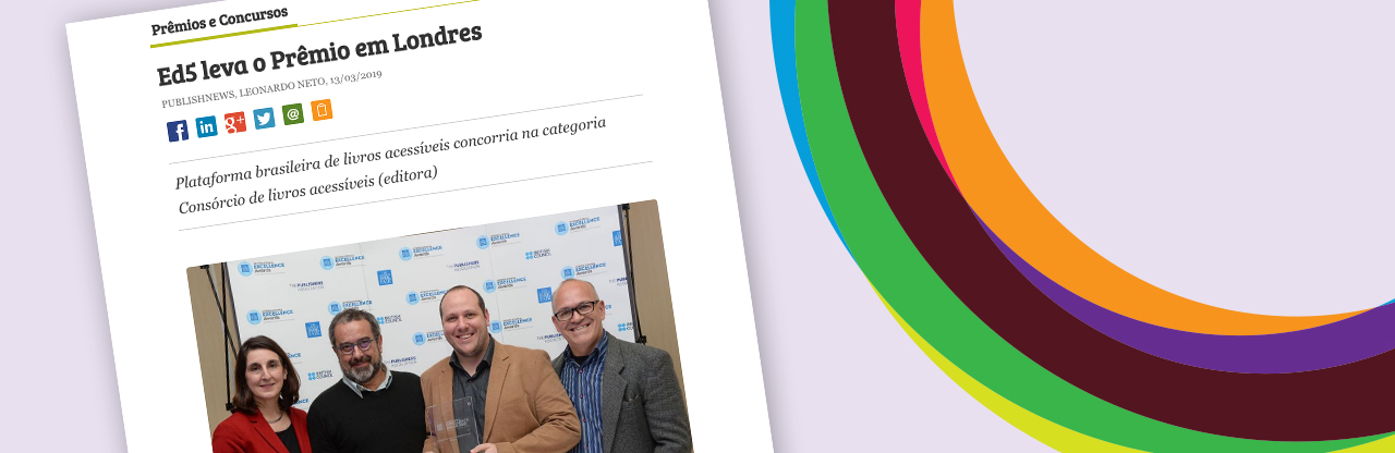 Foto da página do site da Publish News onde consta a matéria falando do prêmio que a ED5 recebeu e círculo com cores do logo ED5.
